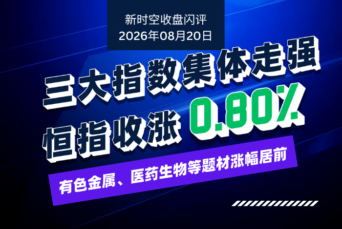 新时空丨港股收盘闪评：三大指数集体走强、恒指收涨0.80%，有色金属、医药生物等题材涨幅居前